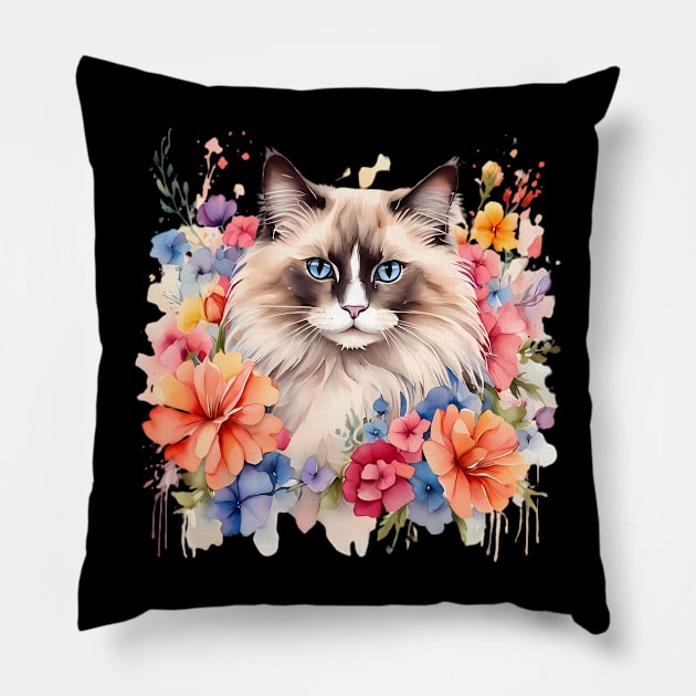 A ragdoll cat decorated with beautiful watercolor flowers Pillow by CreativeSparkzz