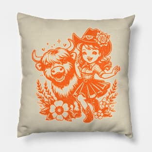 Western CowGirl Kid and Highland Cow - Retro style Unique Cowboy Themed Pillow