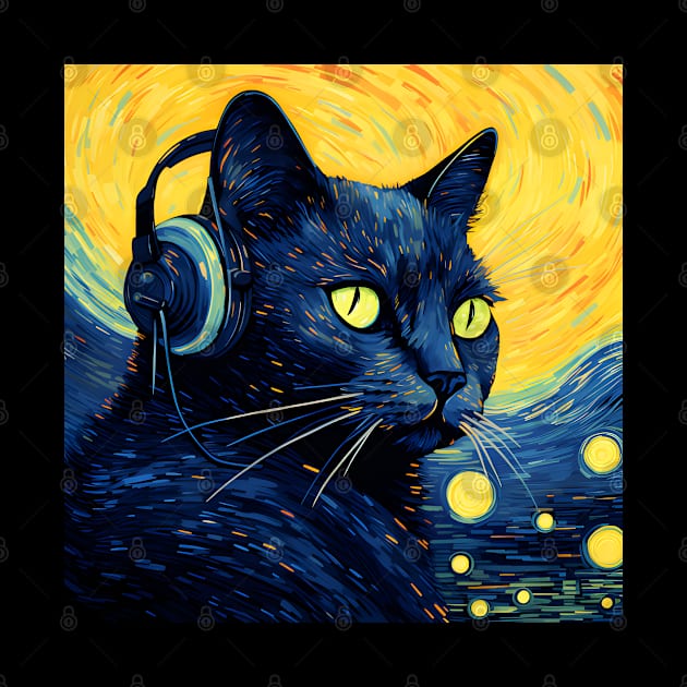 Starry Night Black Cat Wearing Headphones by VisionDesigner