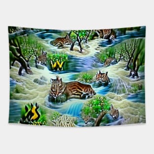 Abstract Wild Cats On Grass In Stream  A.I. Generated Tapestry