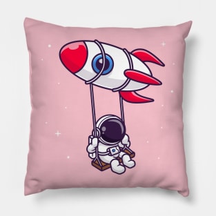 Cute Astronaut Swing On Rocket Cartoon Pillow