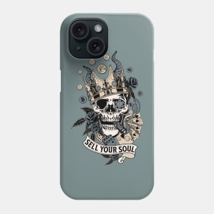 Sell Your Soul! Or don't? A Vintage Smoking Skull with Money, Playing Cards, Dice, Horns, Crown and Roses. Phone Case