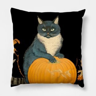 Japanese Cat on a Halloween Pumpkin During the Halloween Season on a dark (knocked out) background Pillow