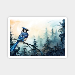 Misty boreal watercolor blue jay Magnet