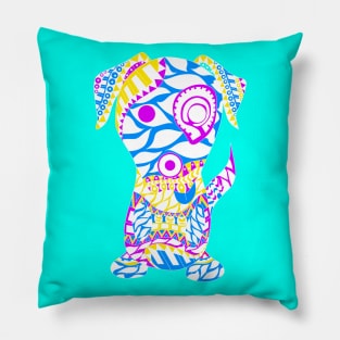 the blue tribal aztec dog in ecopop pattern Pillow