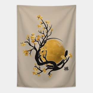 Zen Enso Circle, Golden Sun and Sakura Blossom Tapestry