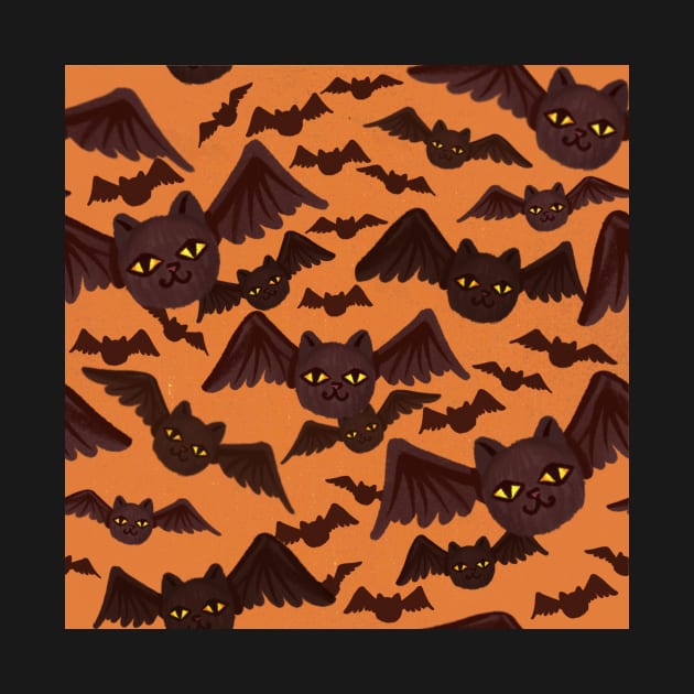 spooky halloween pattern with lots of cat-bats light orange by ArtInPi