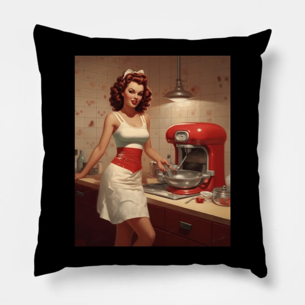 A Pin Up Girl in the Kitchen Pillow by goodoldvintage