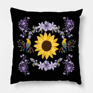 Sunflower, Purple Flowers, and Birds Pillow