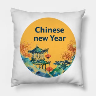 Chinese New Year Celebration: Radiant Blue Red Yellow Green Paintbrush Art Pillow