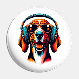 Smiling Redbone Coonhound DJ in Japanese Art Fusion Pin