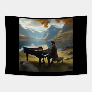 A Pianist Playing The Piano Near A Fjord In Norway. Tapestry