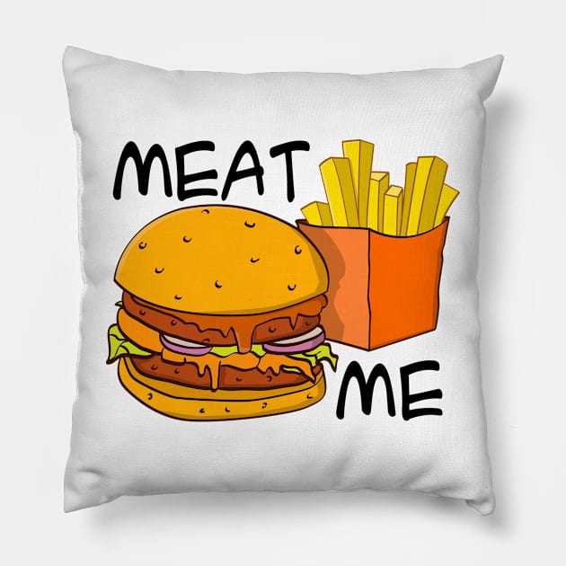 “Meat me” burger and fries illustration with black text. Pillow by Stefs-Red-Shop