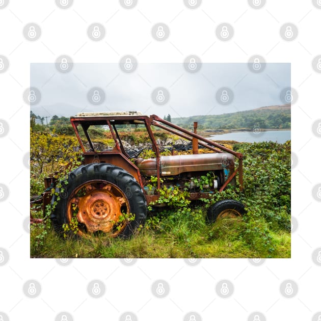 Old rusty tractor overgrown with weeds near a lake by Dolfilms