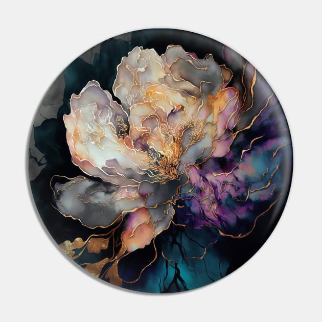 Golden Peony - Abstract Alcohol Ink Resin Art Pin by inkvestor