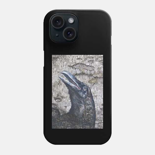 Black Raven Head Painting on Birch Bark - Gothic Bird Art Phone Case by Vlad