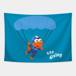 cartoon illustration of skydiving with litlle dinosaur Tapestry