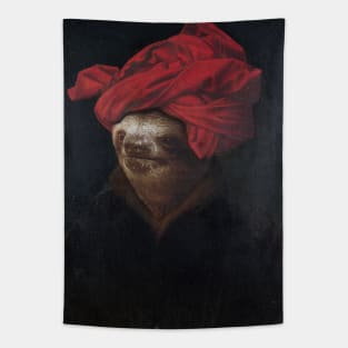 Portrait of a Sloth in a Red Turban - Sloth Portrait Tapestry