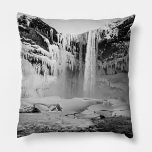 Frozen Waterfall, Iceland B&W Pillow