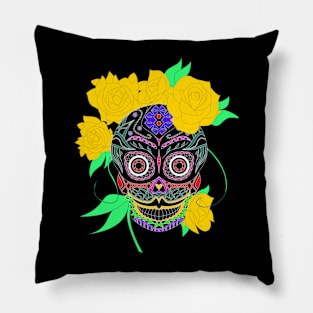 black catrina in floral tropical pattern in skeleton art ecopop Pillow