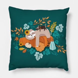 Sloths in pumpkin mood // spot // green background orange teal and aqua autumnal pumpkins fall leaves shepherd’s check yellow sunflowers Pillow