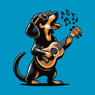 Dog Playing Guitar Singing Dachshund Wiener Dog Funny T-Shirt