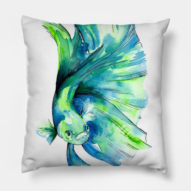 Betta Fish Green Pillow by EveiArt