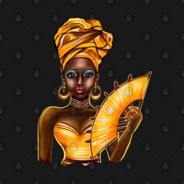 Queen Black is beautiful black girl with Gold headscarf, necklace, earrings, gold dress and head wrap, brown eyes and dark brown skin ! by Artonmytee