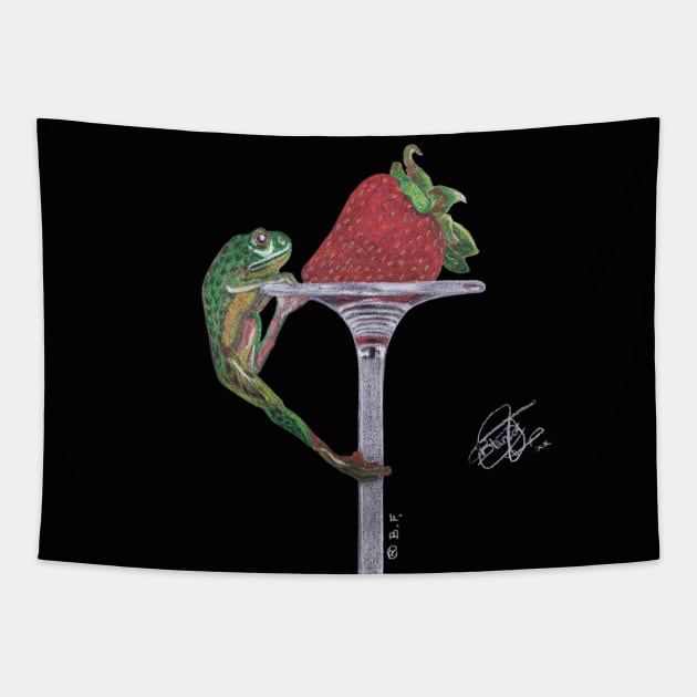 Frog catching a strawberry Tapestry by BeritValk