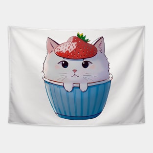 Cute Kawaii Cat in a Cup with Strawberry Hat Tapestry