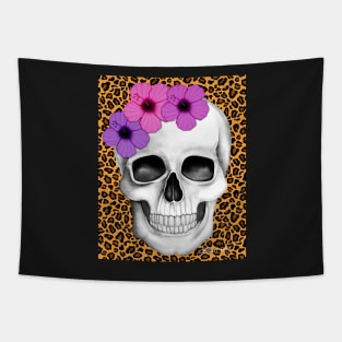 Skull With Flowers (On Leopard Print Background) Tapestry