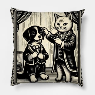 Cat & Dog Comedy Duo in Human Threads Pillow