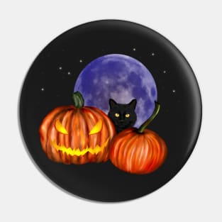 Halloween Black Cat Orange Pumpkins Art Pin