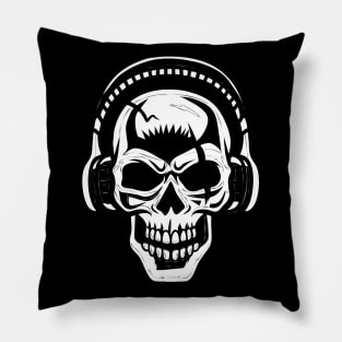 ☠ Skull with Headphones ☠ Abstract Tribal Tattoo Style WHITE Pillow