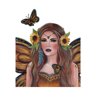 Autumn Fairy queen sunflower and butterfly by Renee Lavoie T-Shirt