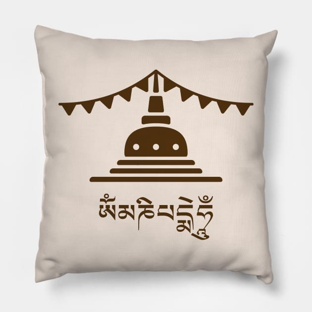 Tibetan Stupa Om Mani Padme Hum - Dark Pillow by footloosefabric