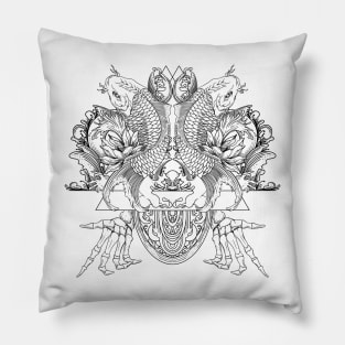 line art koi and floral ornament illustration Pillow