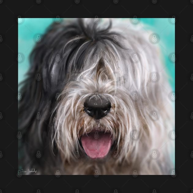 Close Up Painting of a Black and White English Sheep Dog on Blue Background by ibadishi