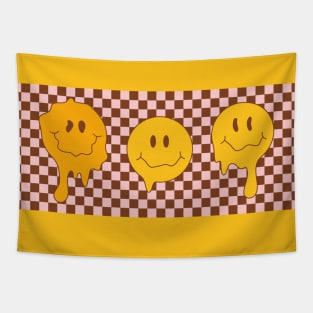 Hippie groovy melting smile faces on checkered background with distorted squares. Psychedelic Melted Smiley Face pattern. Tapestry