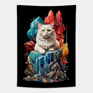 White Cat sitting on Gems Crystal Cluster Tapestry