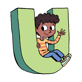 boy sitting in the capital letter U T-Shirt