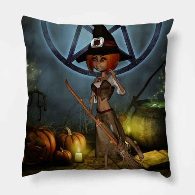 Cute little witch with pumpkin in the night Pillow by Nicky2342