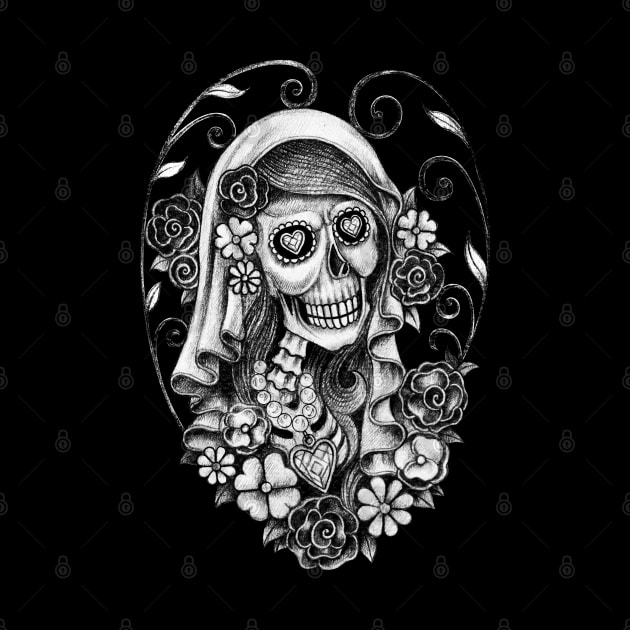 Santa muerte with flowers day of the dead. by Jiewsurreal