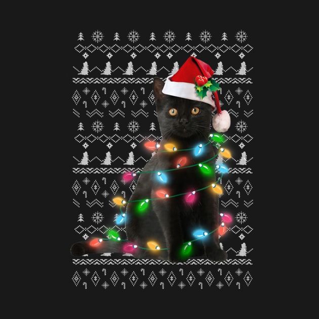 Black Cat christmas light tshirt funny cat lover christmas by SloanCainm9cmi