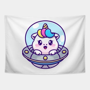 Cute unicorn flying with spaceship ufo cartoon Tapestry