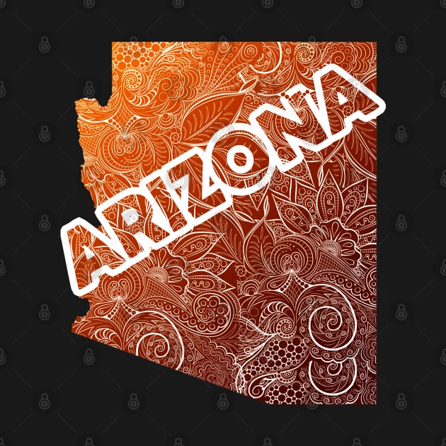 Colorful mandala art map of Arizona with text in brown and orange by Happy Citizen