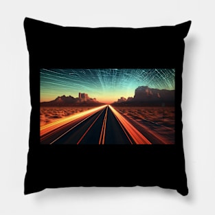 Star Trails and Speeding Lights on a Desert Road at Sunset Pillow