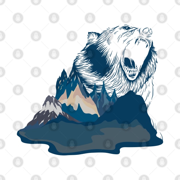 Bear Roaring in Blue Mountain Landscape | Gift Idea for Travelers who love Hiking or Camping | Wanderlust by mschubbybunny