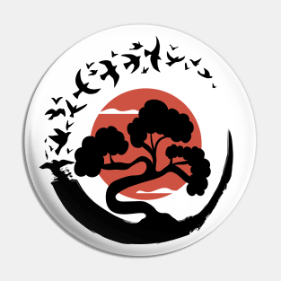 Bonsai Tree in Enso Circle Birds Pin