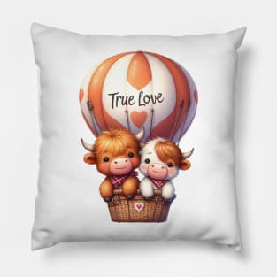 Valentine Highland Cow Couple On Hot Air Balloon Pillow